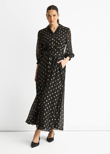 Gini London Black Chiffon Foil Belted Maxi Shirt Dress