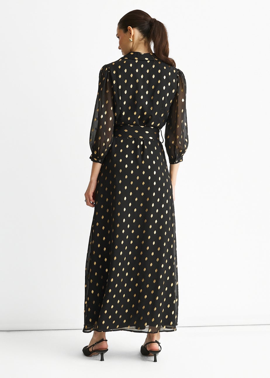 Gini London Black Chiffon Foil Belted Maxi Shirt Dress