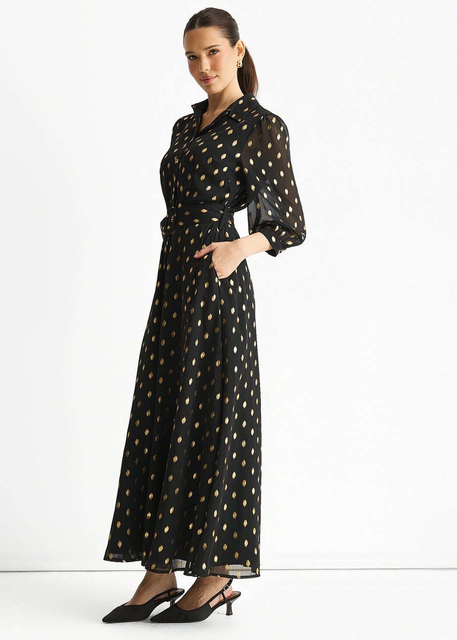 Gini London Black Chiffon Foil Belted Maxi Shirt Dress