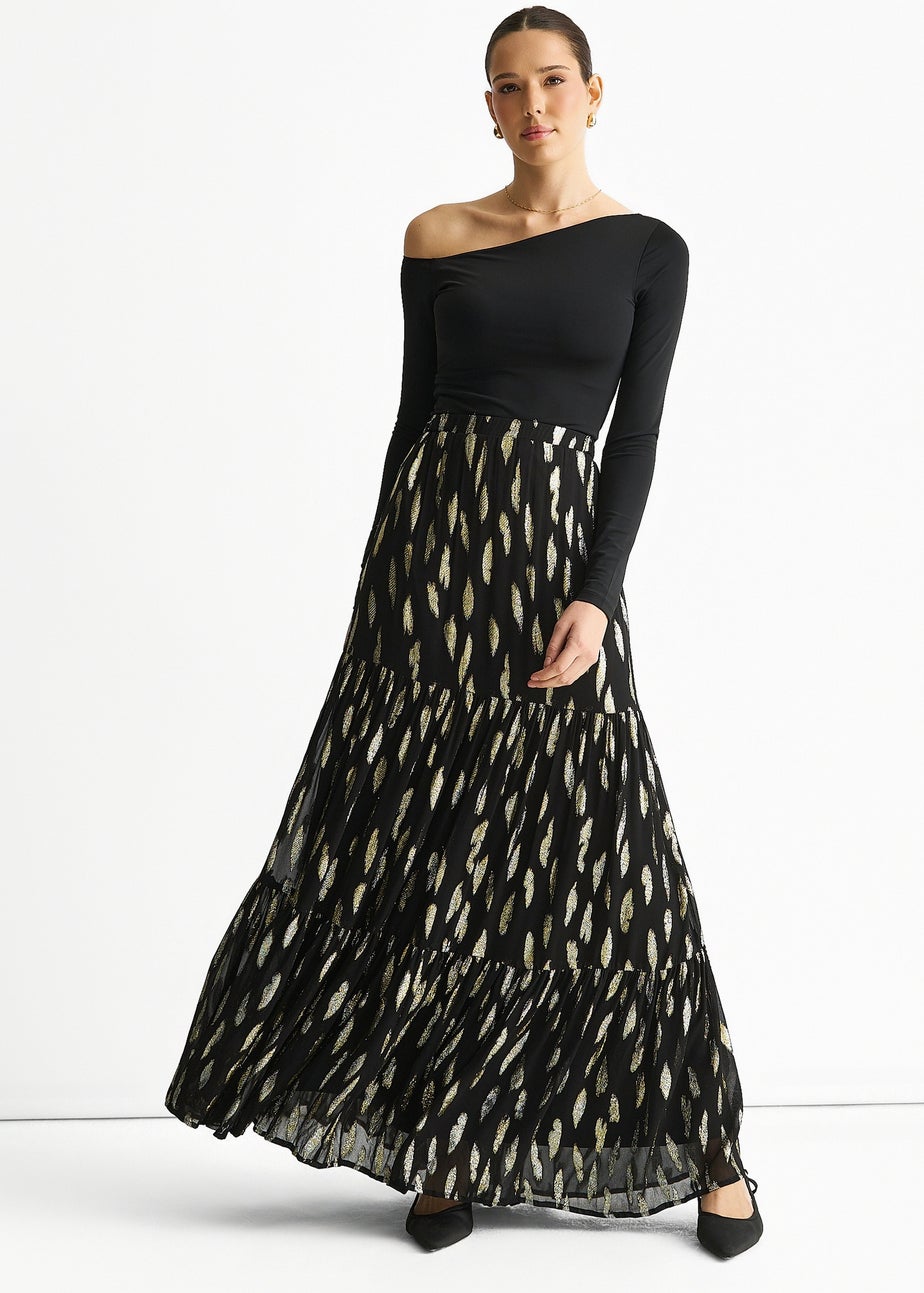 Gini London Black Clipped Jacquard Tiered Maxi Skirt