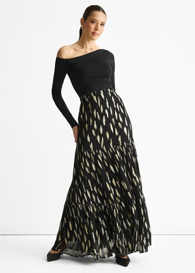 Gini London Black Clipped Jacquard Tiered Maxi Skirt