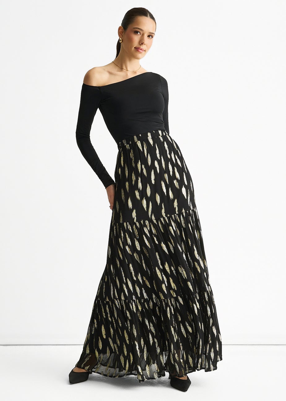 Gini London Black Clipped Jacquard Tiered Maxi Skirt