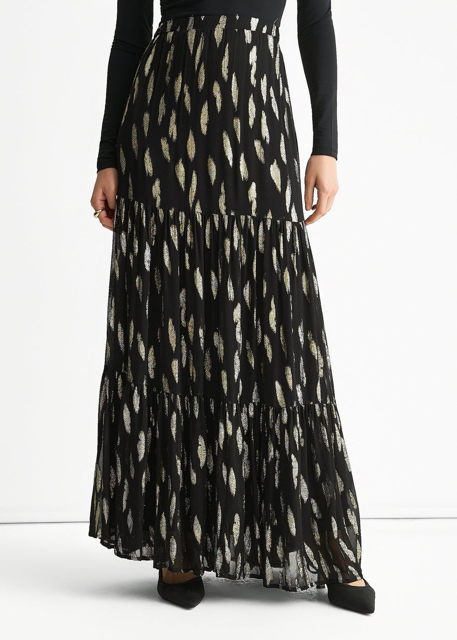 Gini London Black Clipped Jacquard Tiered Maxi Skirt