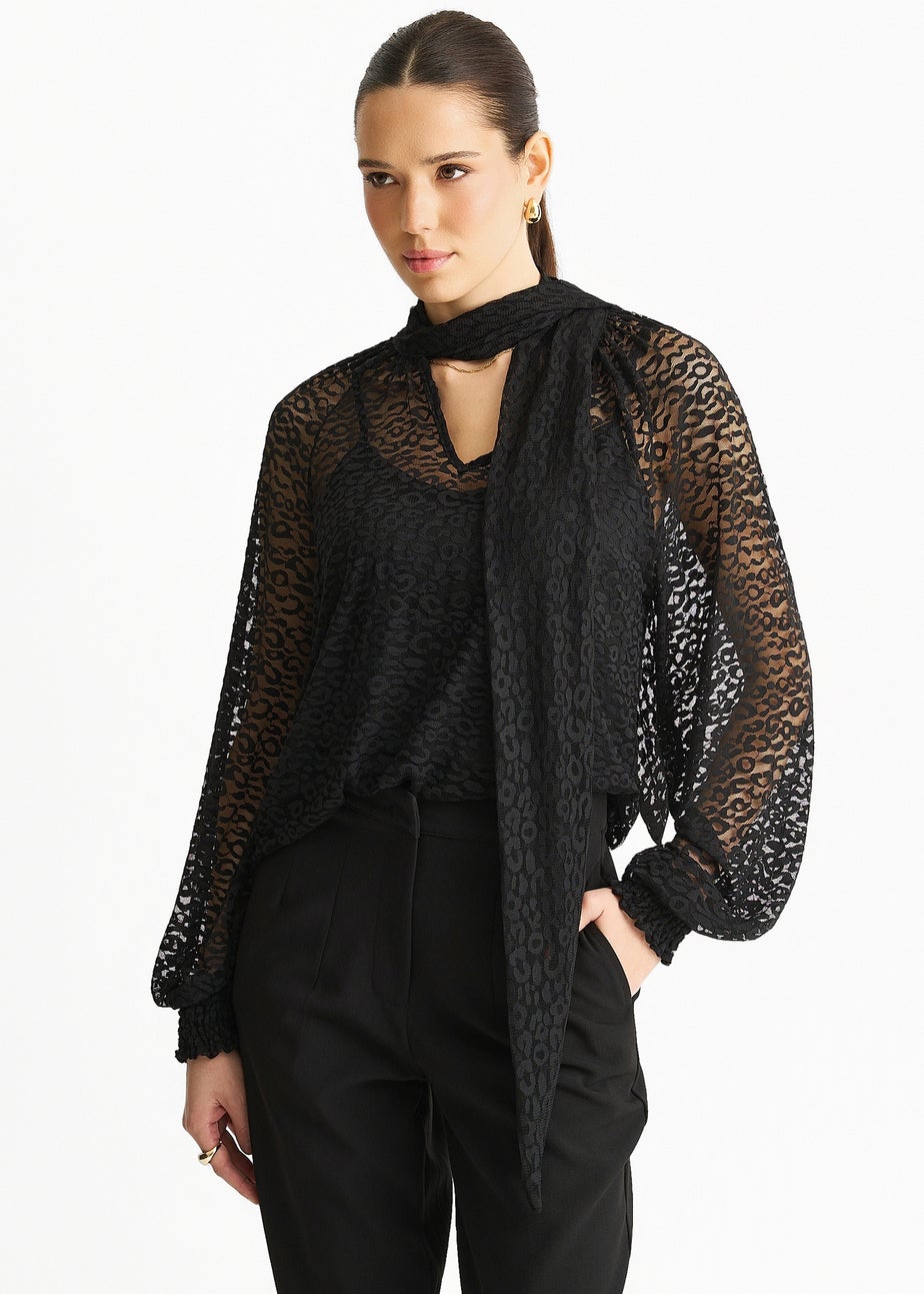 Gini London Black Animal Lace Neck Tie Detail Blouse
