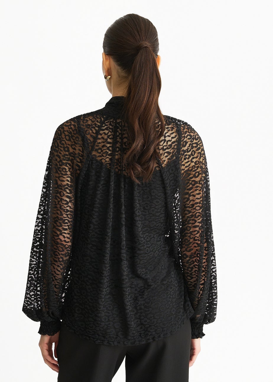 Gini London Black Animal Lace Neck Tie Detail Blouse