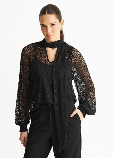 Gini London Black Animal Lace Neck Tie Detail Blouse