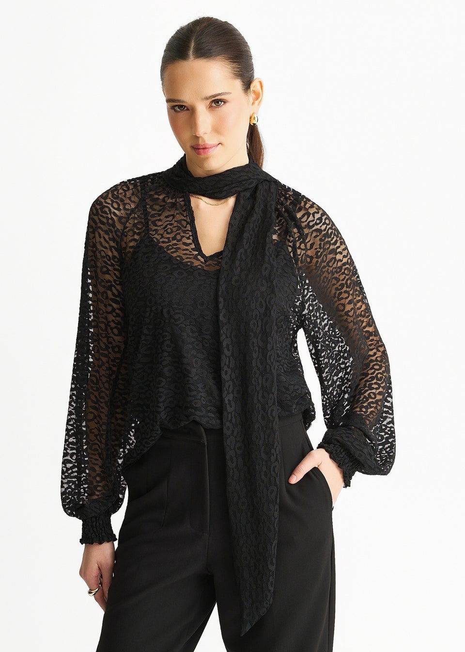Gini London Black Animal Lace Neck Tie Detail Blouse