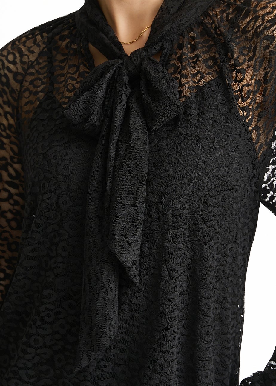 Gini London Black Animal Lace Neck Tie Detail Blouse