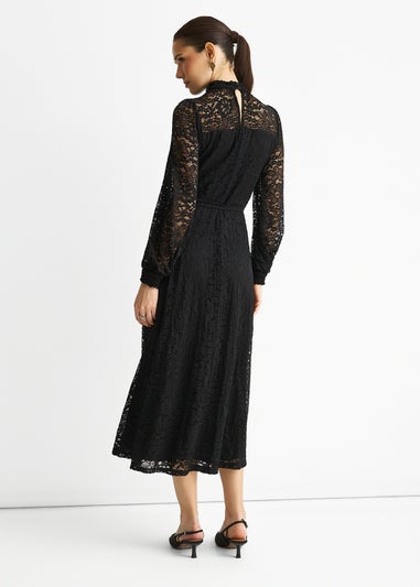 Gini London Black High Neck Jersey Lace Occasion Midi Dress