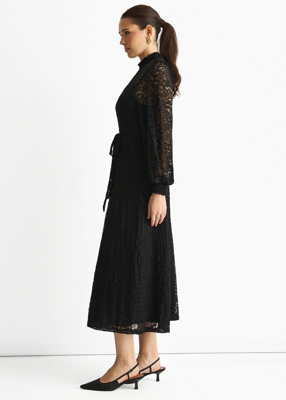Gini London Black High Neck Jersey Lace Occasion Midi Dress