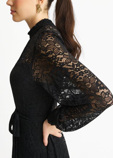 Gini London Black High Neck Jersey Lace Occasion Midi Dress