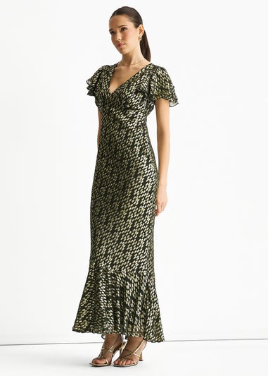 Gini London Dark Green Viscose Clipped Gold Jacquard Bias Cut Maxi Dress