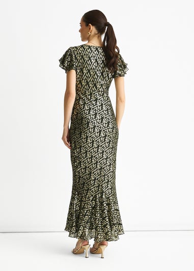 Gini London Dark Green Viscose Clipped Gold Jacquard Bias Cut Maxi Dress