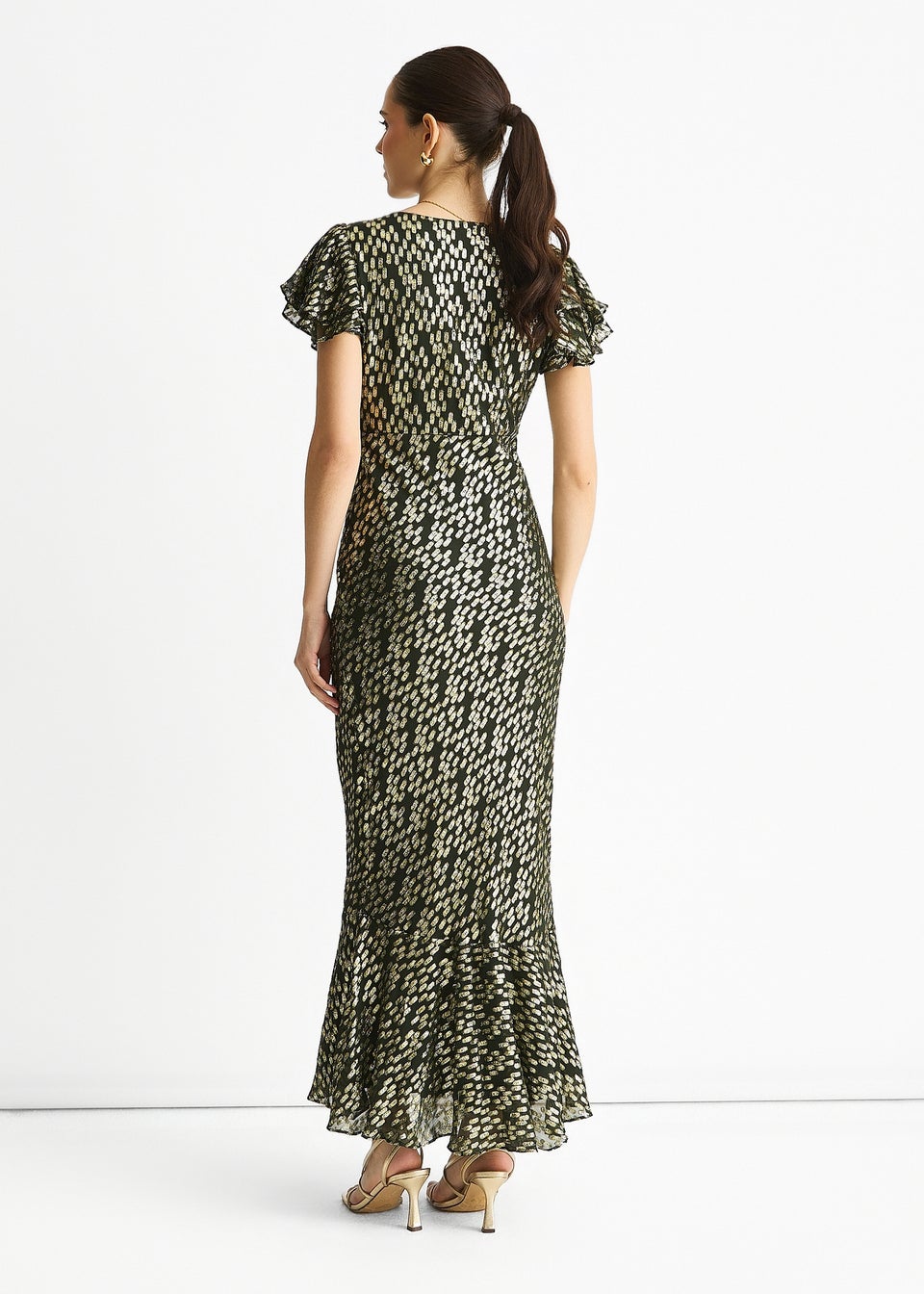 Gini London Dark Green Viscose Clipped Gold Jacquard Bias Cut Maxi Dress