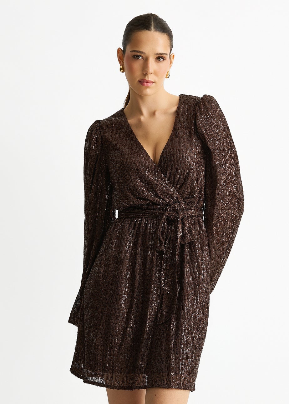 Gini London Chocolate Sequin V Neck Belted Mini Dress