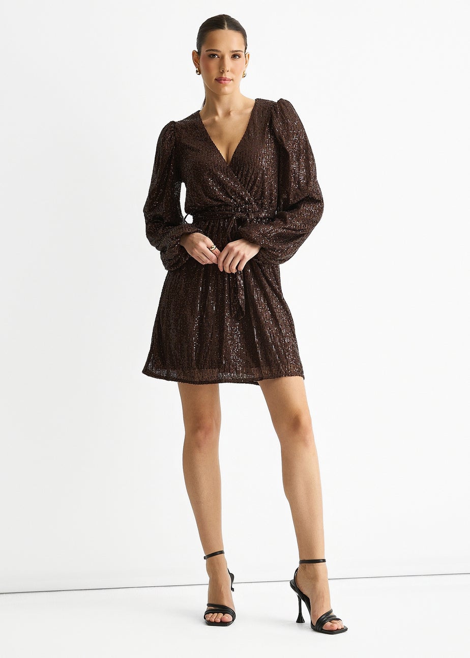 Gini London Chocolate Sequin V Neck Belted Mini Dress