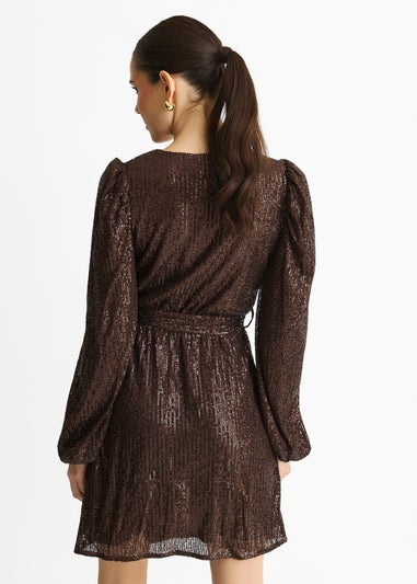 Gini London Chocolate Sequin V Neck Belted Mini Dress