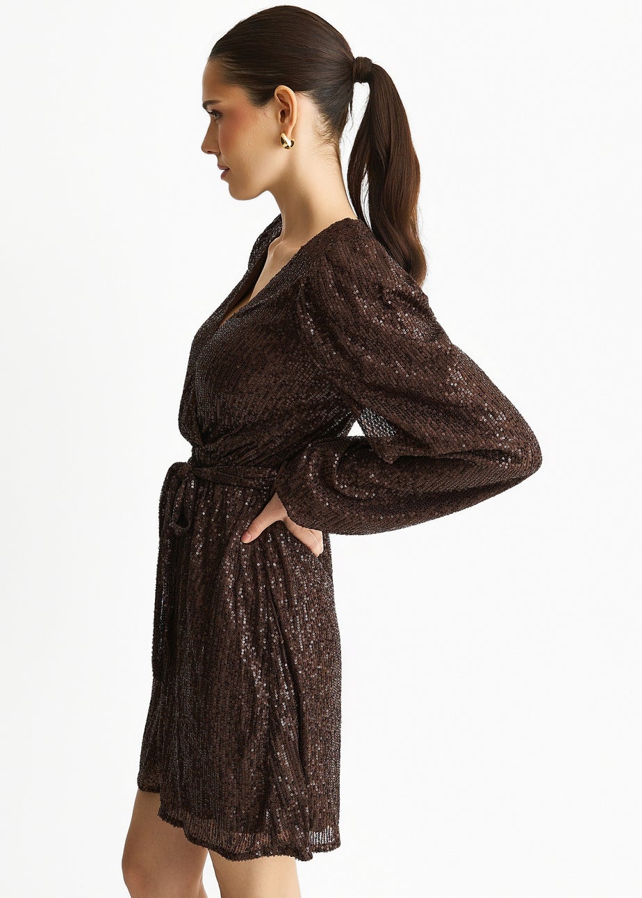 Gini London Chocolate Sequin V Neck Belted Mini Dress