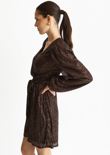 Gini London Chocolate Sequin V Neck Belted Mini Dress