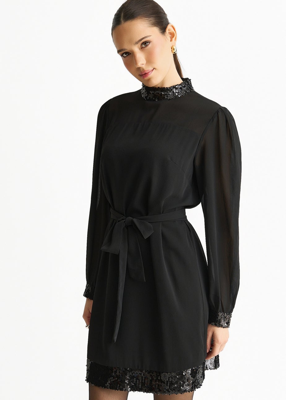 Gini London Black Sequin Trim High Neck Belted Mini Dress