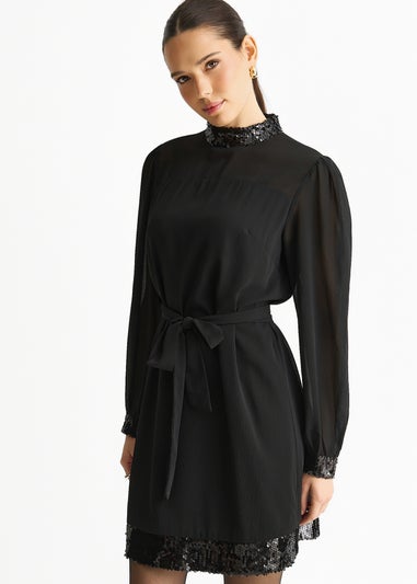 Gini London Black Sequin Trim High Neck Belted Mini Dress