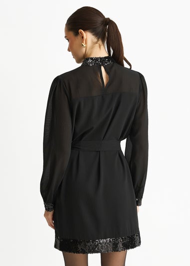 Gini London Black Sequin Trim High Neck Belted Mini Dress