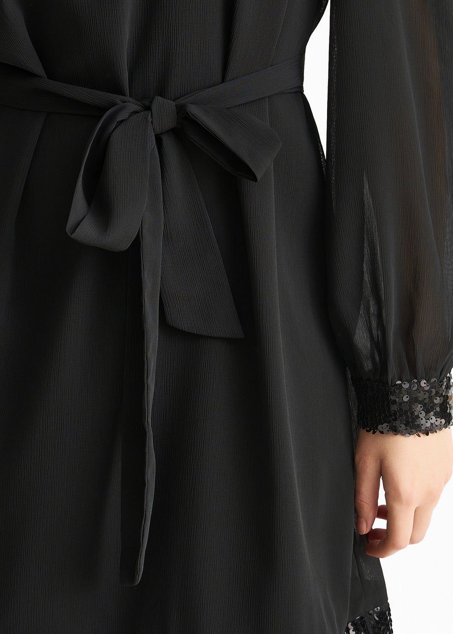 Gini London Black Sequin Trim High Neck Belted Mini Dress