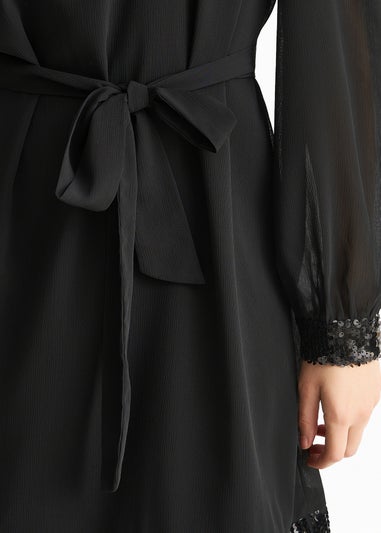 Gini London Black Sequin Trim High Neck Belted Mini Dress