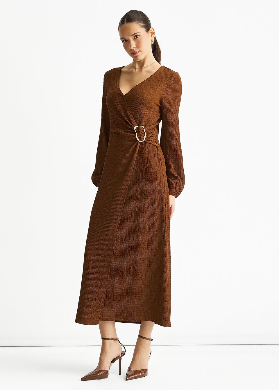 Gini London Brown Jersey Texture Wrap Metal Trim Midi Dress