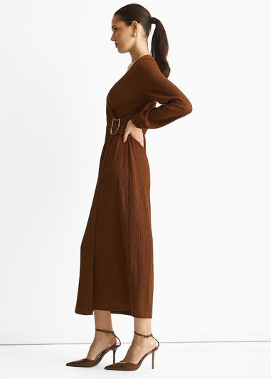 Gini London Brown Jersey Texture Wrap Metal Trim Midi Dress
