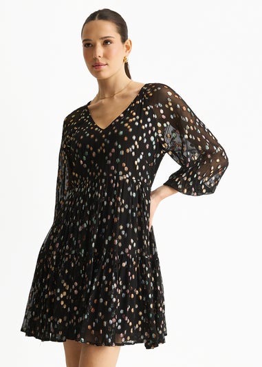 Gini London Black Multicolored Spot Viscose Clipped Jacquard Mini Tiered Dress