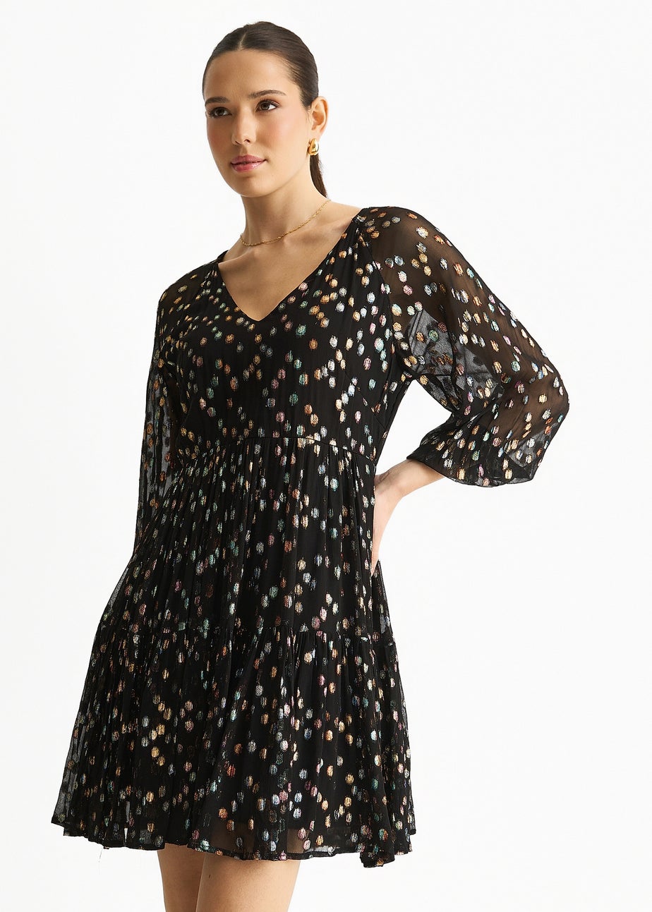 Gini London Black Multicolored Spot Viscose Clipped Jacquard Mini Tiered Dress