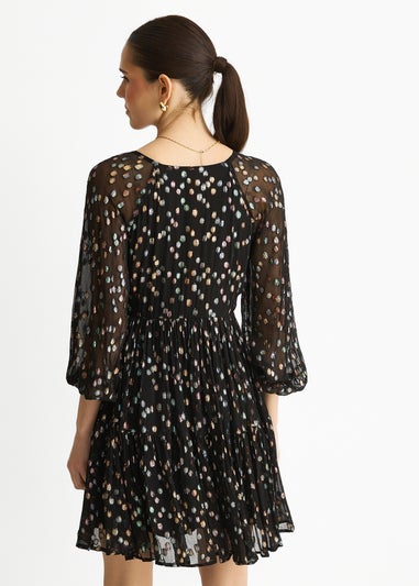 Gini London Black Multicolored Spot Viscose Clipped Jacquard Mini Tiered Dress