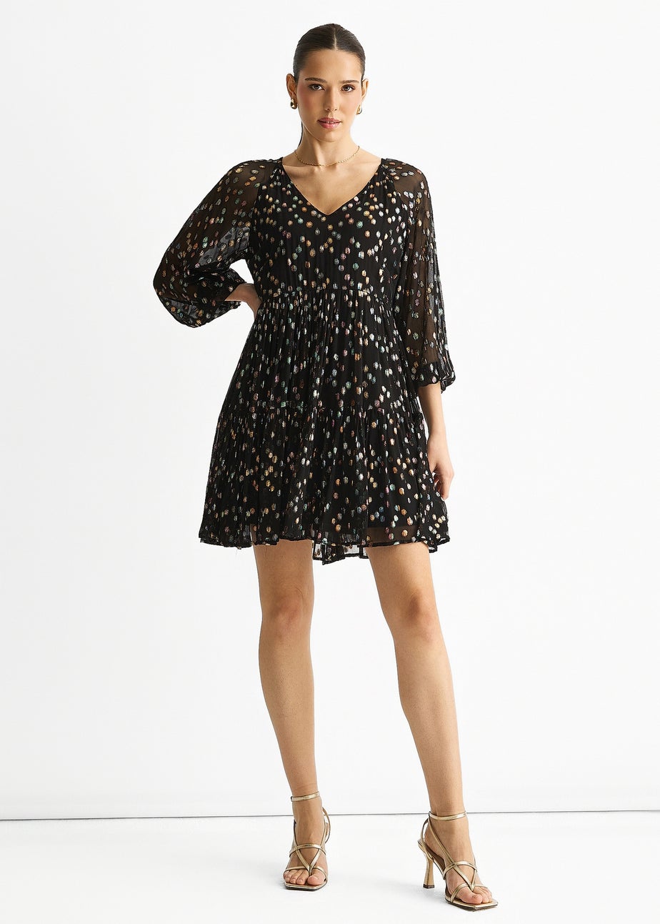 Gini London Black Multicolored Spot Viscose Clipped Jacquard Mini Tiered Dress