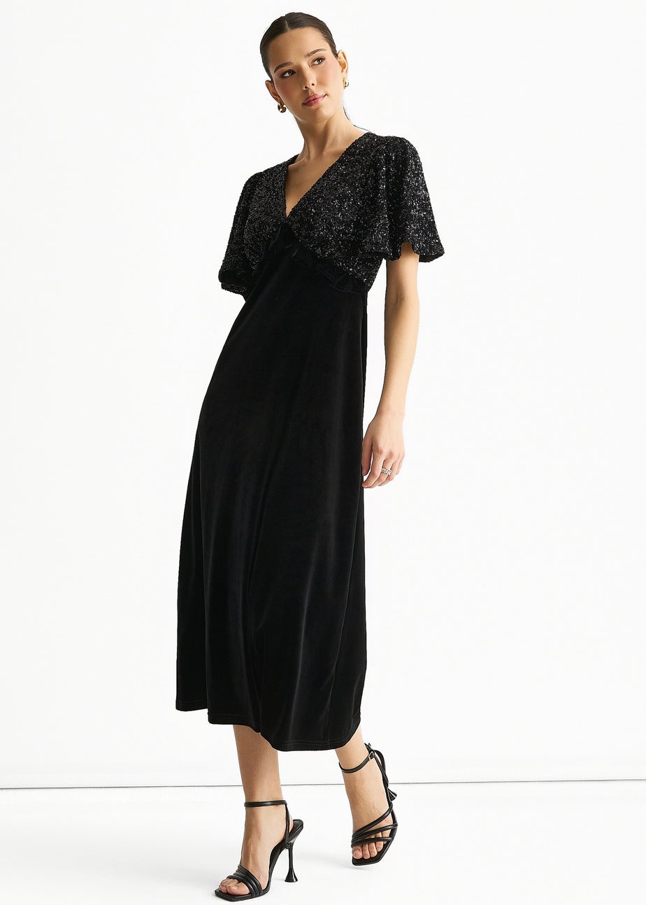 Gini London Black Sequin Top Premium Velvet Occasion Midi Dress