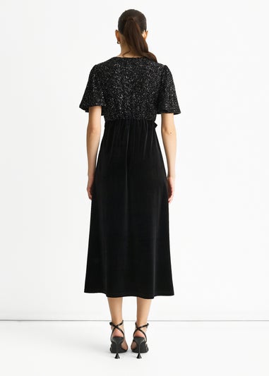 Gini London Black Sequin Top Premium Velvet Occasion Midi Dress