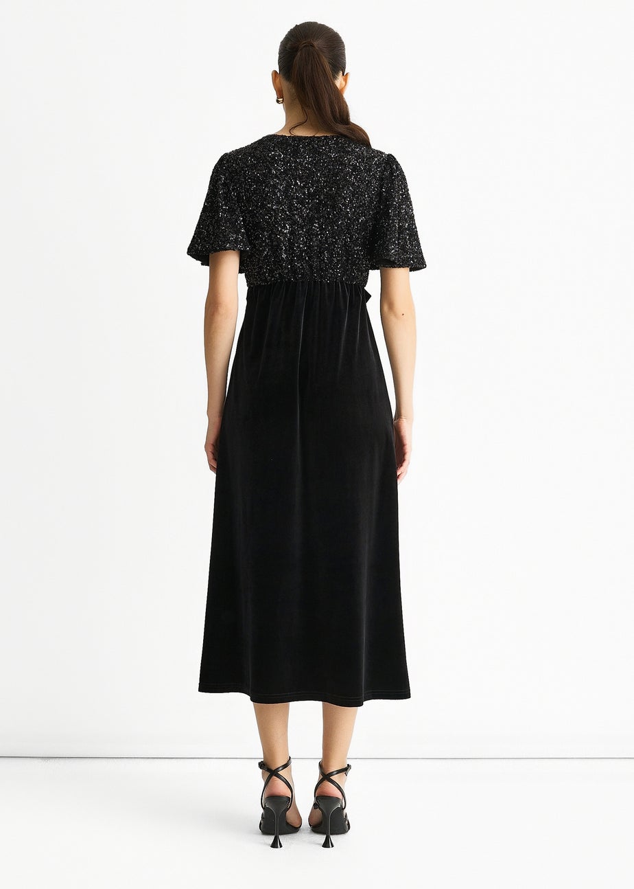 Gini London Black Sequin Top Premium Velvet Occasion Midi Dress