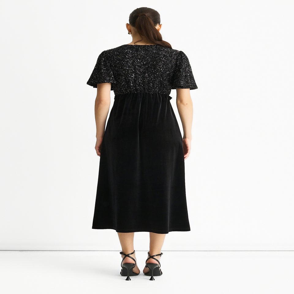 Gini London Black Sequin Top Premium Velvet Occasion Midi Dress