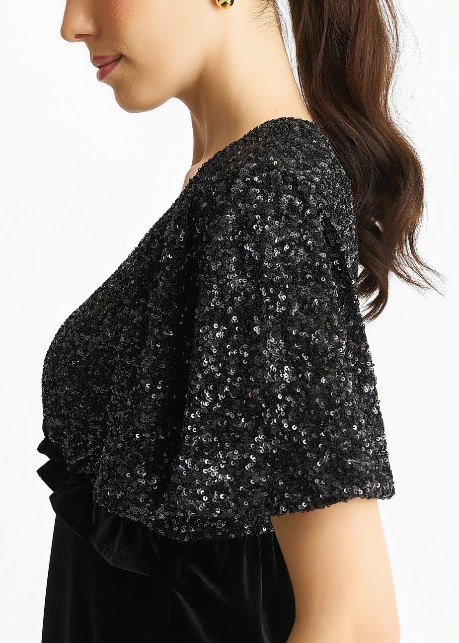 Gini London Black Sequin Top Premium Velvet Occasion Midi Dress