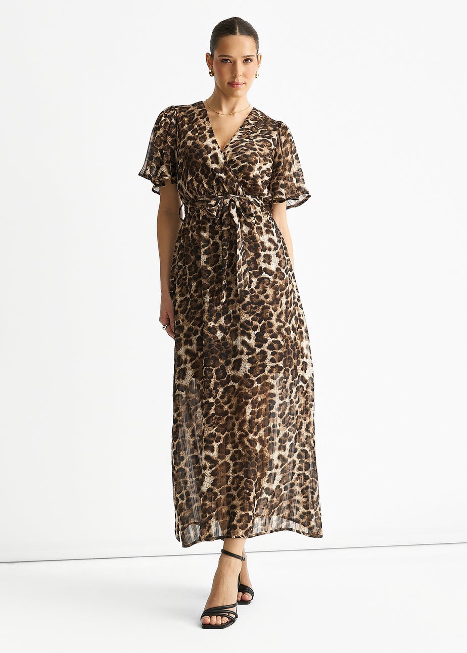 Gini London Brown Chiffon Animal Lurex Stripe Wrap Midi Dress