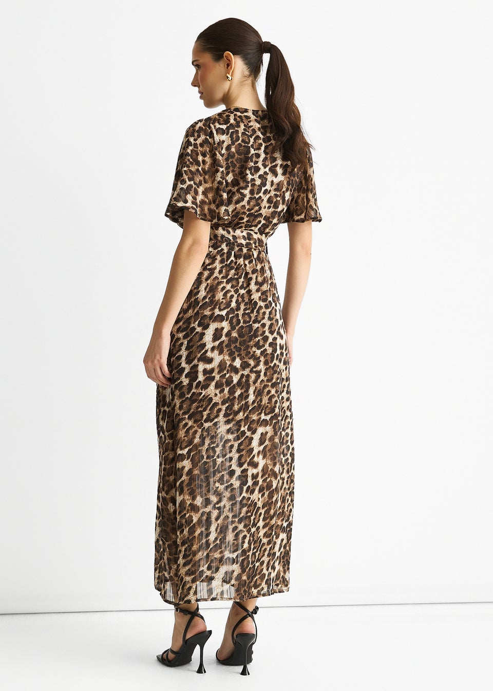 Gini London Brown Chiffon Animal Lurex Stripe Wrap Midi Dress
