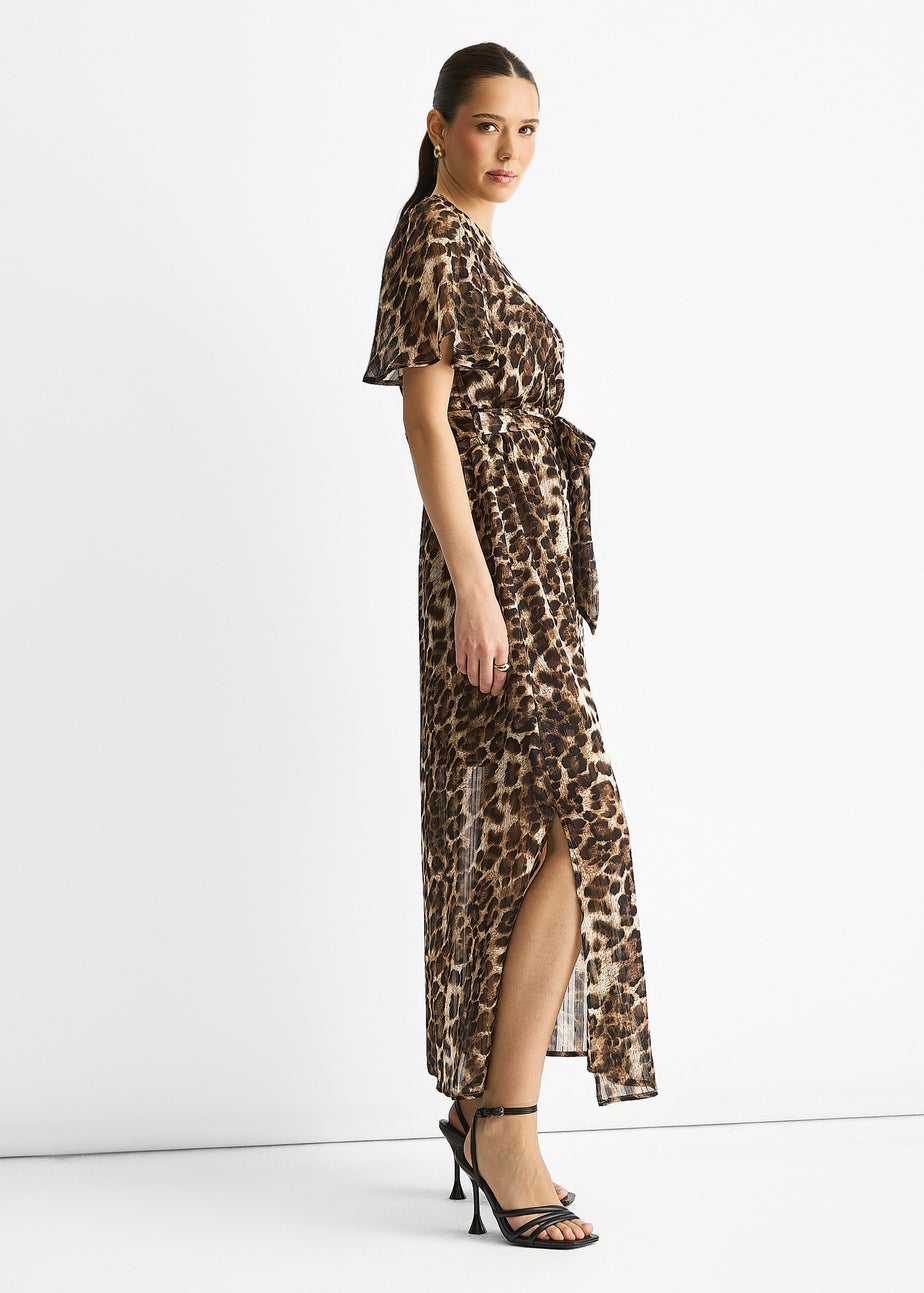 Gini London Brown Chiffon Animal Lurex Stripe Wrap Midi Dress