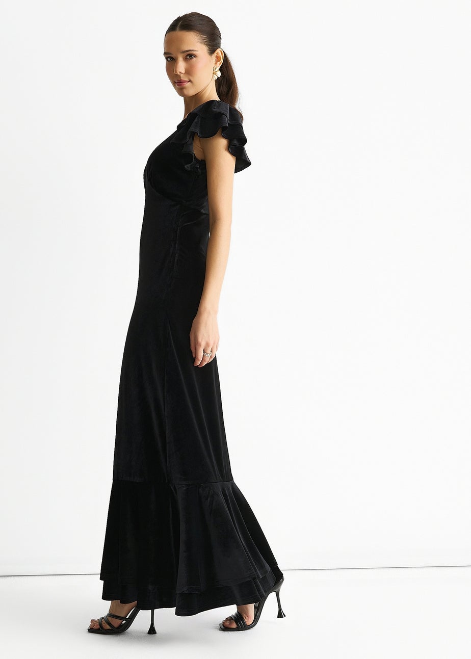 Gini London Black V Neck Ruffle Sleeves Velvet Occasion Maxi Dress