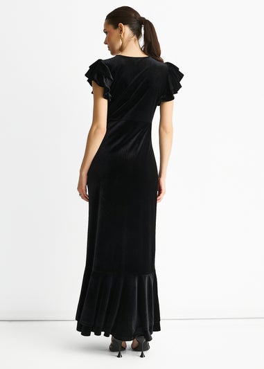 Gini London Black V Neck Ruffle Sleeves Velvet Occasion Maxi Dress