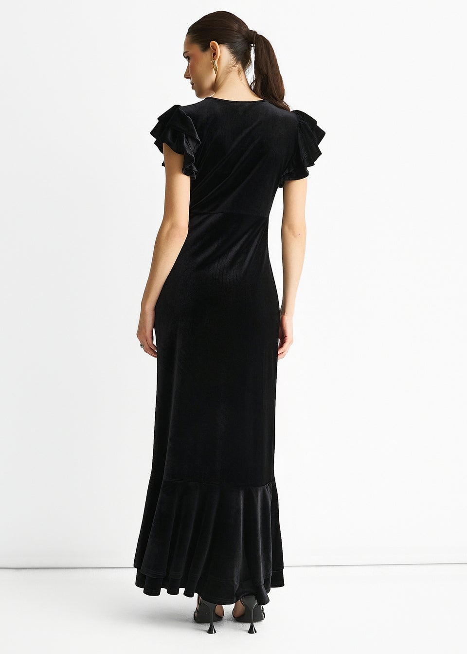 Gini London Black V Neck Ruffle Sleeves Velvet Occasion Maxi Dress