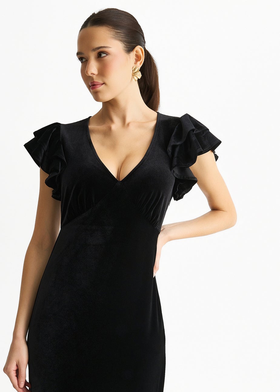 Gini London Black V Neck Ruffle Sleeves Velvet Occasion Maxi Dress