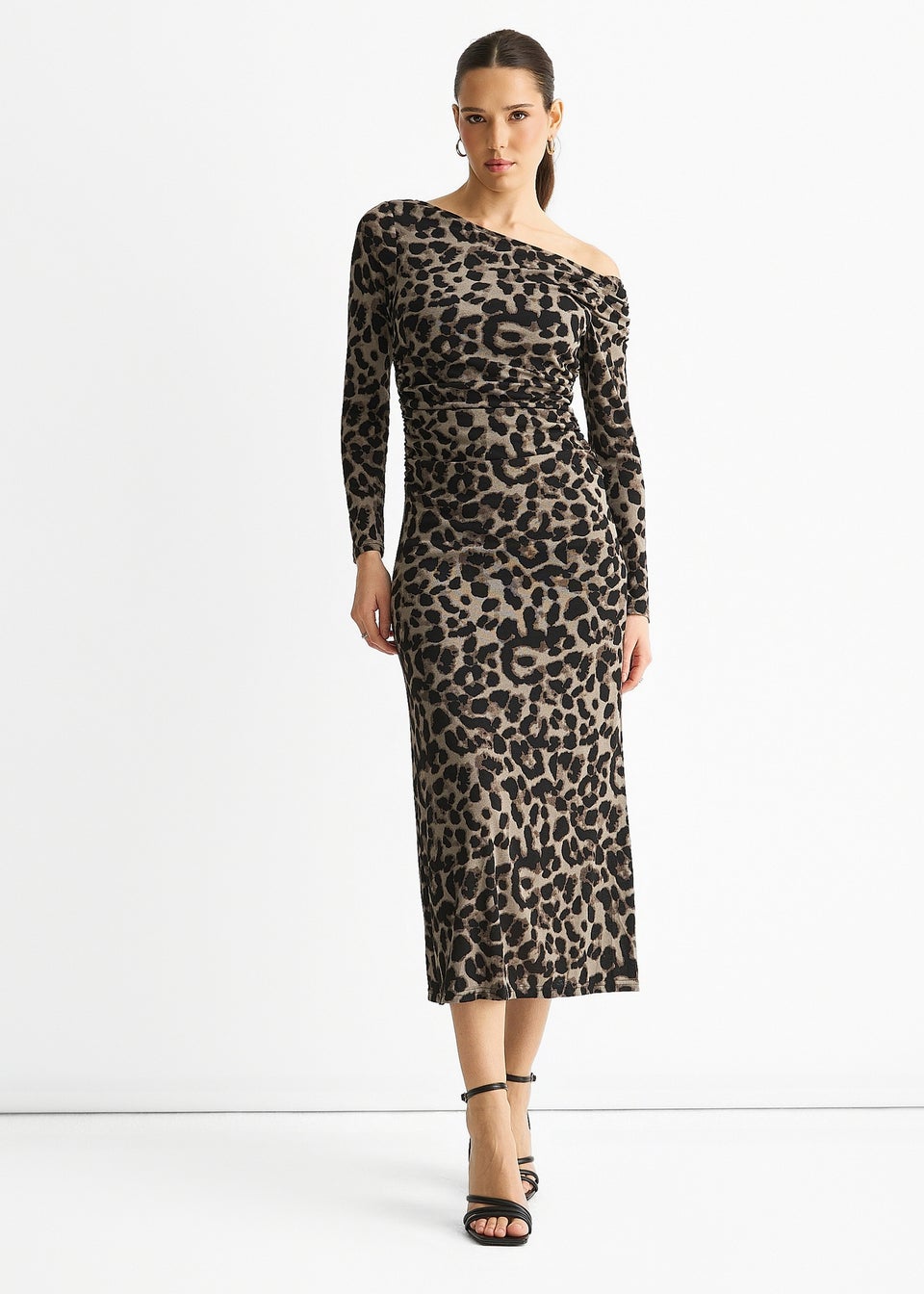 Gini London Grey Animal Jersey Animal One Shoulder Midi Dress