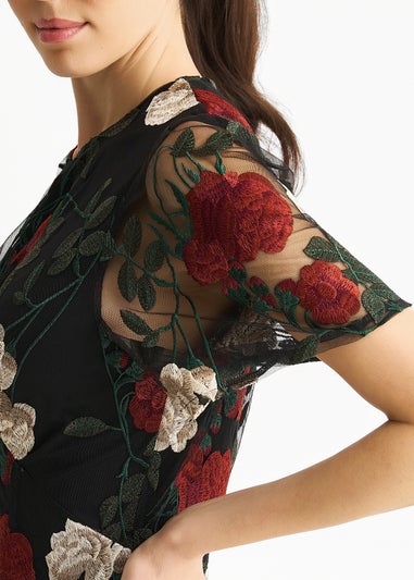 Gini London Black Angel Sleeves Embroidered Occasion Midi Dress