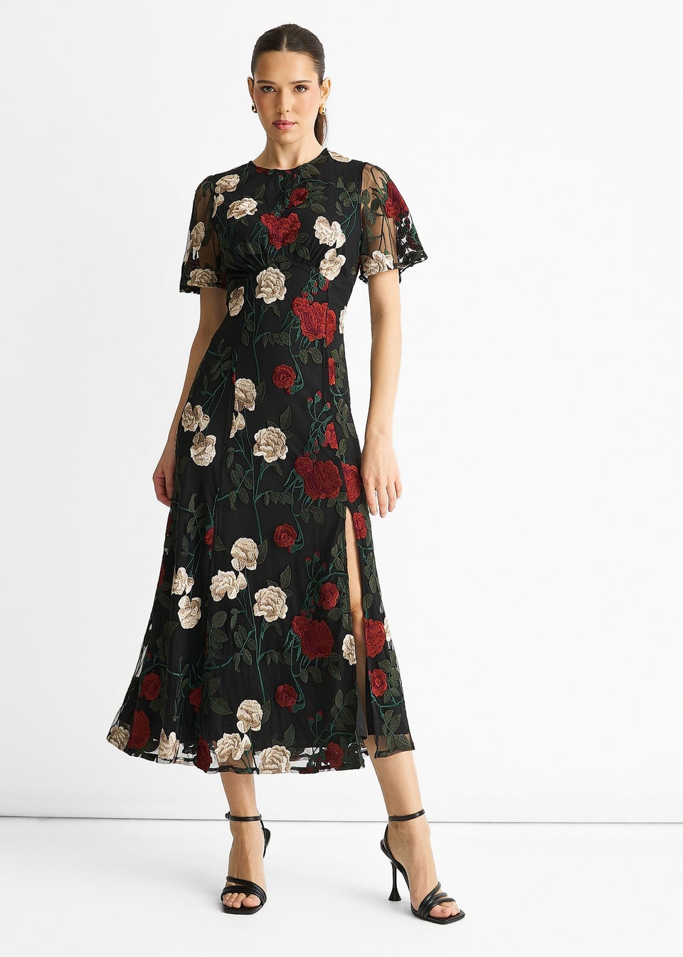 Gini London Black Angel Sleeves Embroidered Occasion Midi Dress