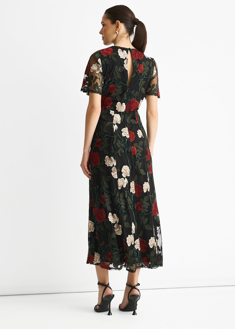 Gini London Black Angel Sleeves Embroidered Occasion Midi Dress